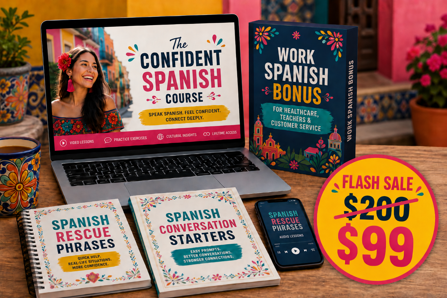 The Confident Spanish Course displayed on a laptop screen